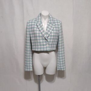 NWT Zara Textured Tweed Cropped Blazer Large Pastel Plaid Single Button Chic
